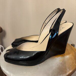 Michael Kors Black Patent Leather Slingback Peep Toe Wedge Heels